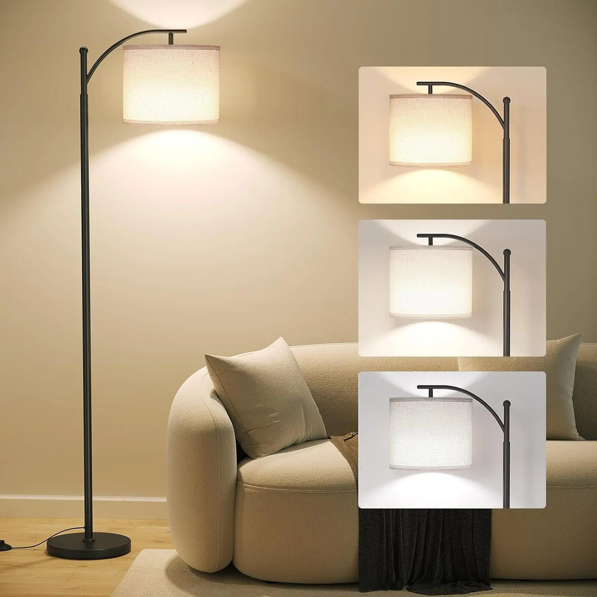 Moderne Bogen-Stehlampe mit Stoffschirm und 3 Lichtfarben