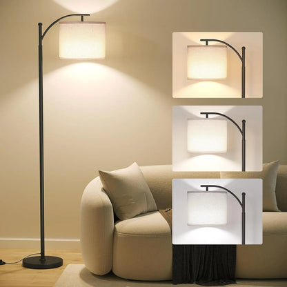 Moderne Bogen-Stehlampe mit Stoffschirm und 3 Lichtfarben
