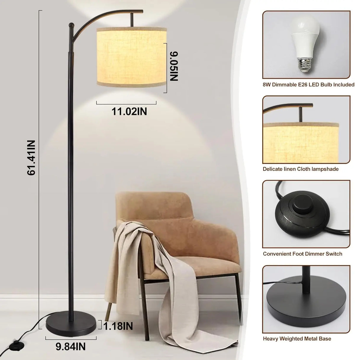 Moderne Bogen-Stehlampe mit Stoffschirm und 3 Lichtfarben