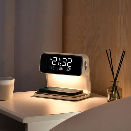 Dimmbare LED-Nachttischlampe mit Kabellosem Ladegerät und Wecker
