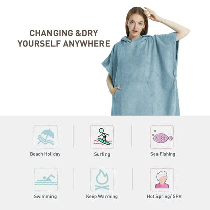 Schnelltrocknender Handtuchponcho mit Kapuze und Beuteltasche