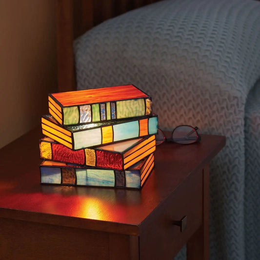 Handgefertigte Buch-Tischlampe mit Buntglas-Effekt