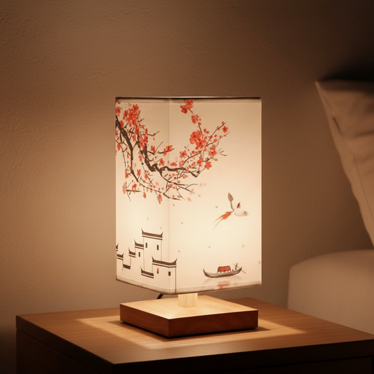 Minimalistische Nachttischlampe aus Holz mit Druckschalter