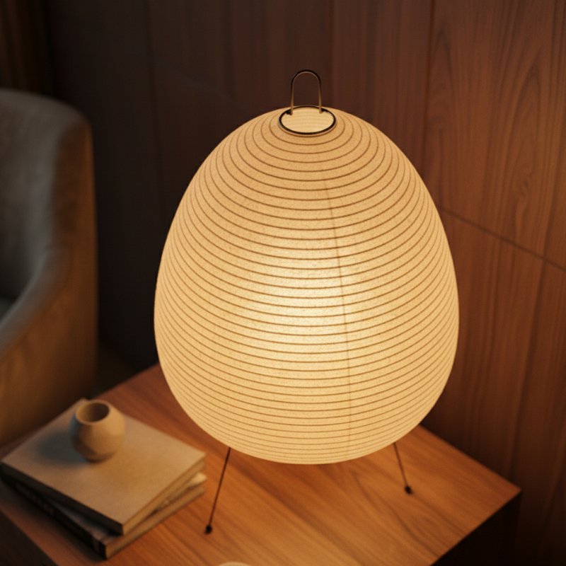Runde Reispapier-Tischlampe mit Bambusfuß