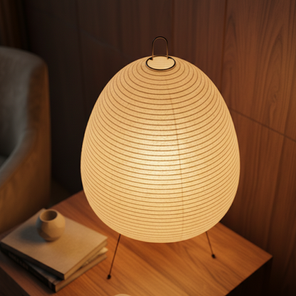 Runde Reispapier-Tischlampe mit Bambusfuß