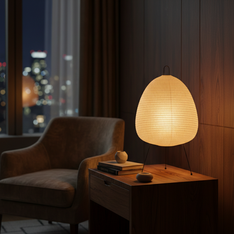 Runde Reispapier-Tischlampe mit Bambusfuß