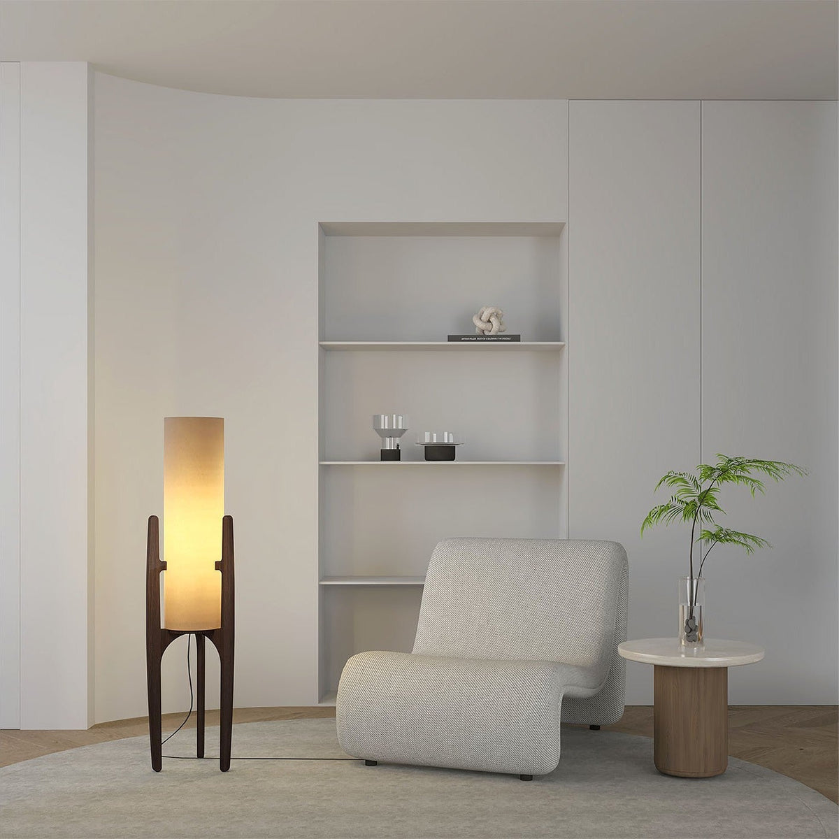 Zen Stehlampe mit Leinenschirm und Holzgestell