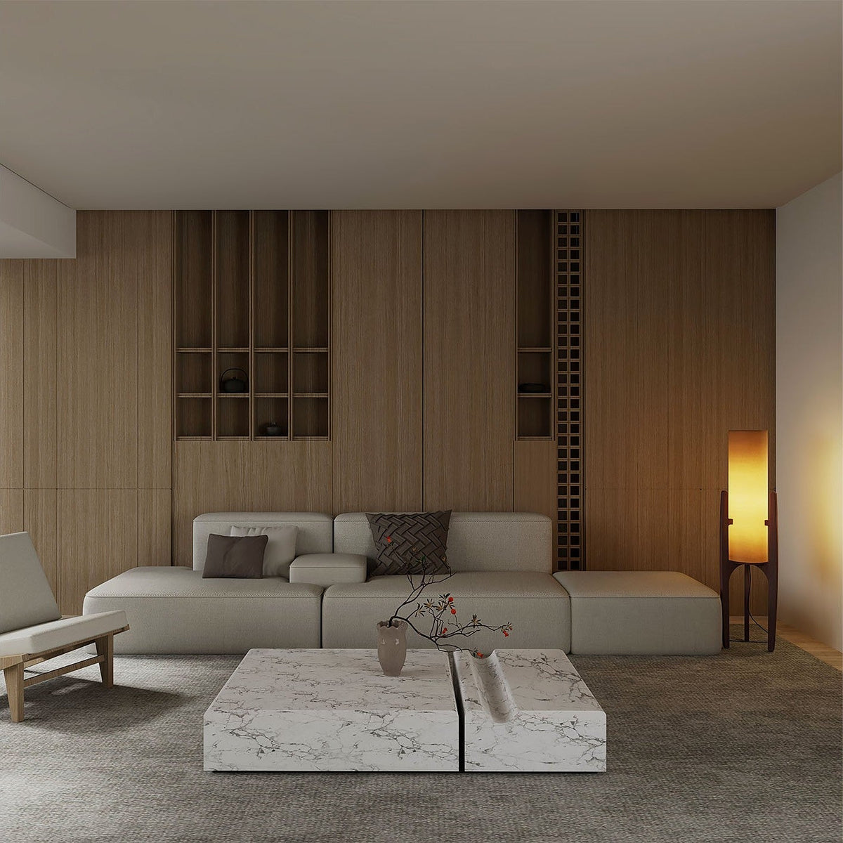 Zen Stehlampe mit Leinenschirm und Holzgestell