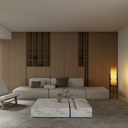Zen Stehlampe mit Leinenschirm und Holzgestell