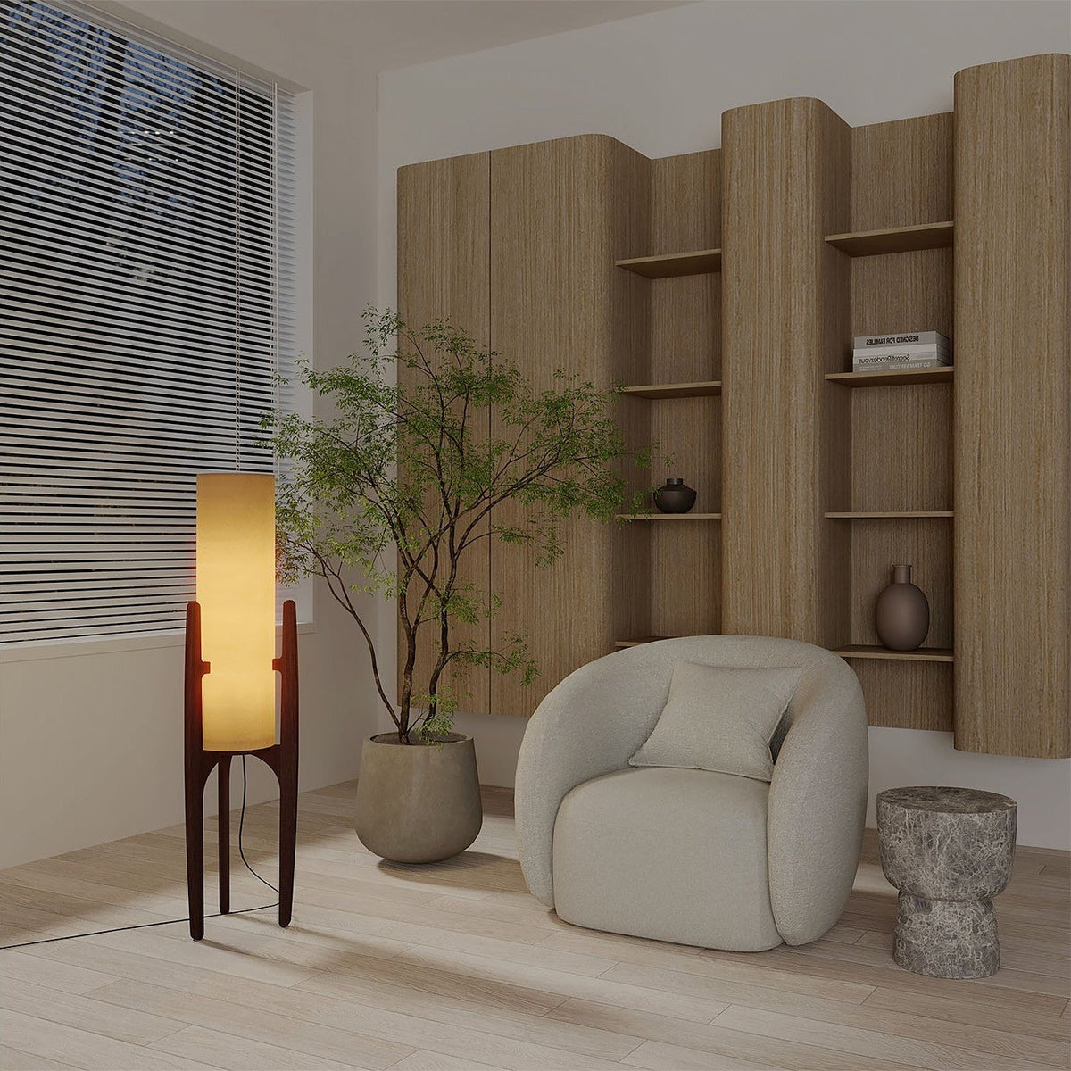 Zen Stehlampe mit Leinenschirm und Holzgestell