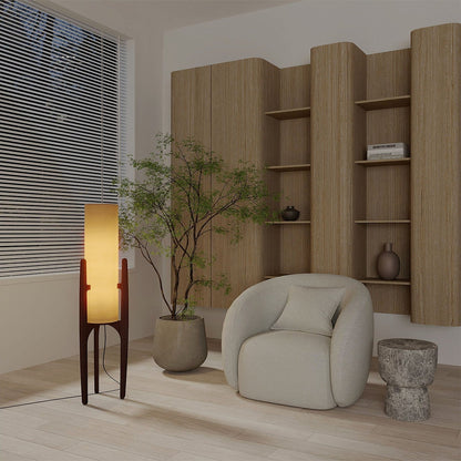 Zen Stehlampe mit Leinenschirm und Holzgestell