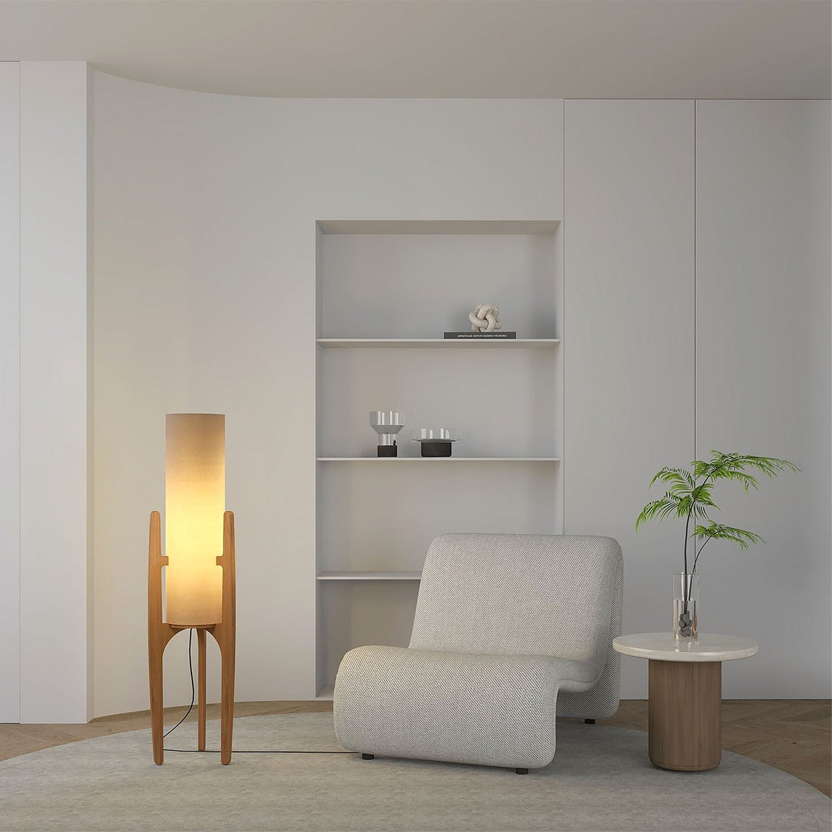 Zen Stehlampe mit Leinenschirm und Holzgestell