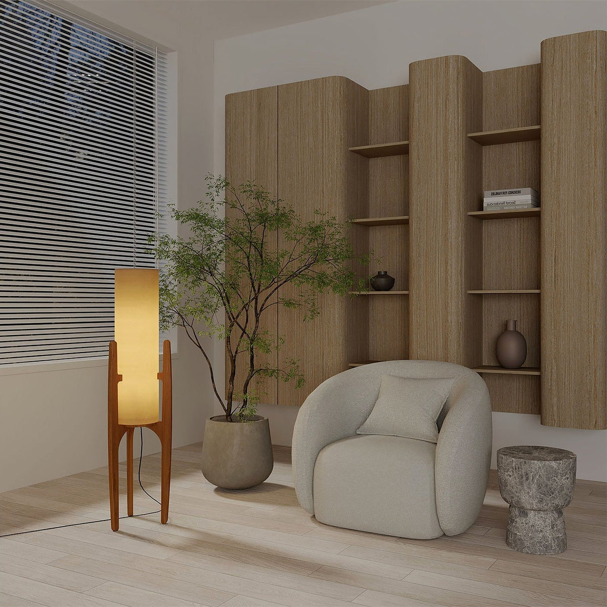 Zen Stehlampe mit Leinenschirm und Holzgestell