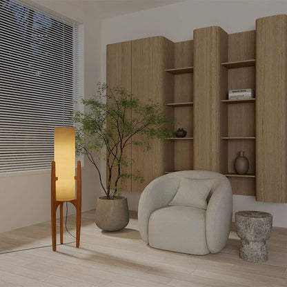 Zen Stehlampe mit Leinenschirm und Holzgestell