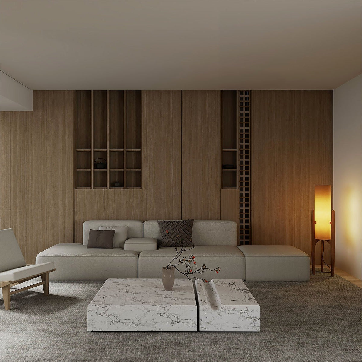 Zen Stehlampe mit Leinenschirm und Holzgestell