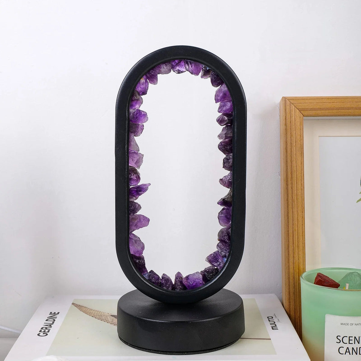 Handgefertigte Amethyst-Tischleuchte mit LED E14-Fassung