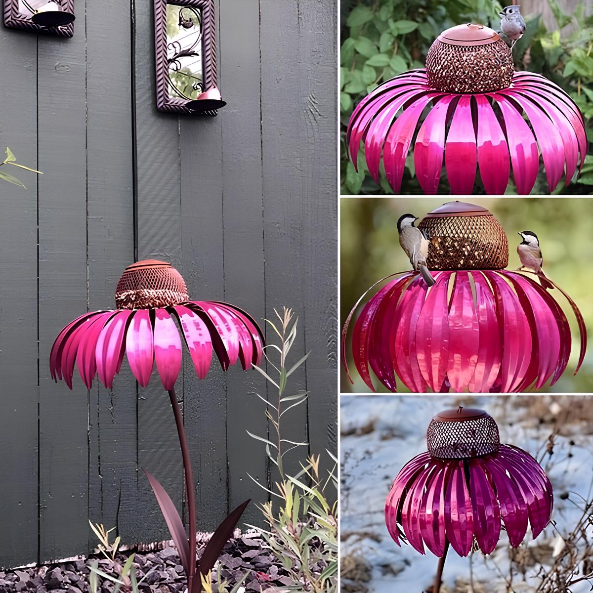 Metallen-Vogelfutterhaus auf Standfuß mit Blumendesign