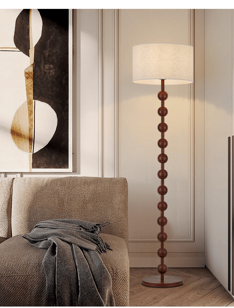 Japandi-Stehlampe aus Holz mit Leinenschirm 170 cm