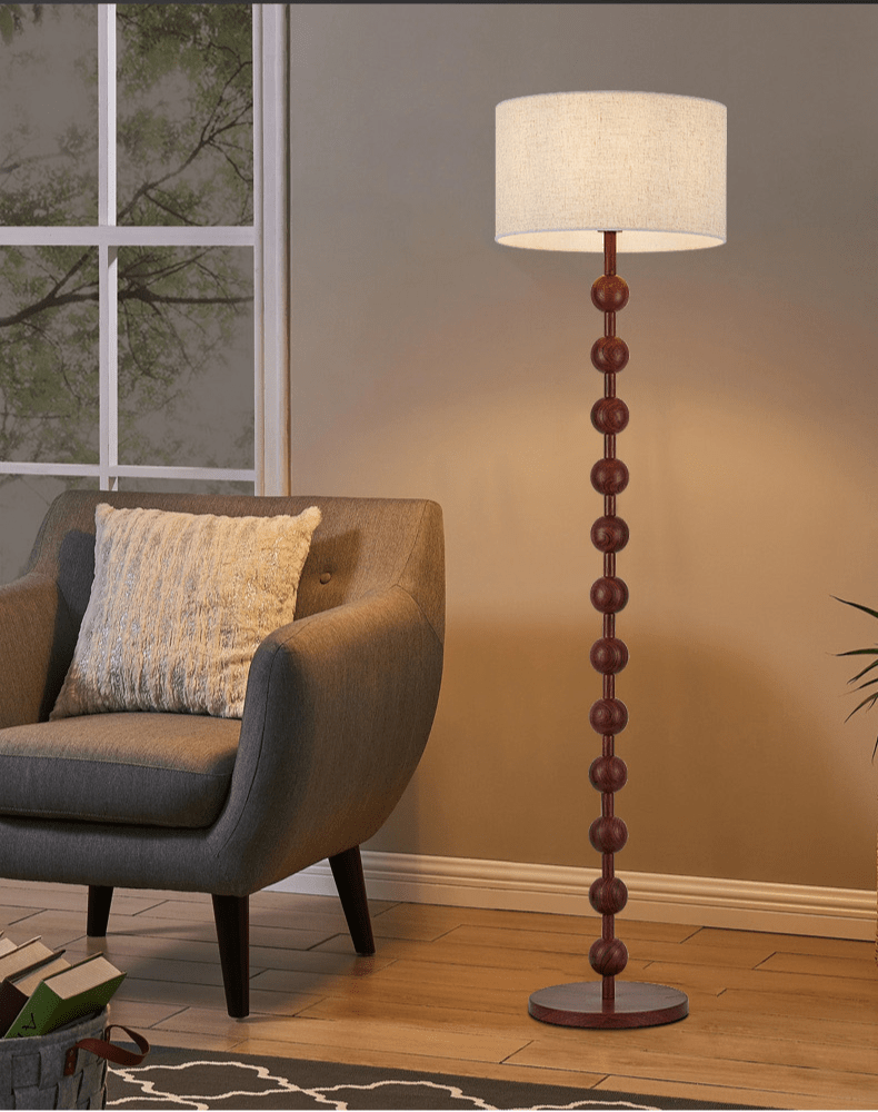 Japandi-Stehlampe aus Holz mit Leinenschirm 170 cm