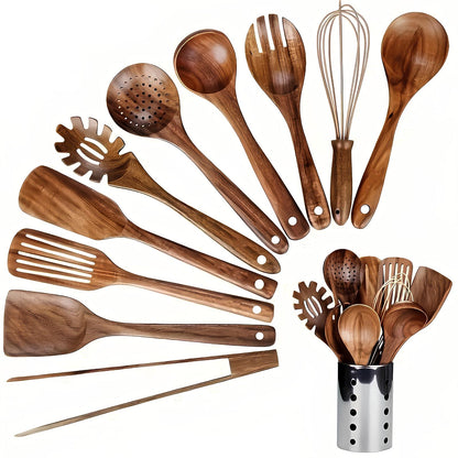 Teakholz-Küchenhelfer-Set 11-teilig mit Utensilienhalter