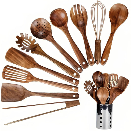 Teakholz-Küchenhelfer-Set 11-teilig mit Utensilienhalter