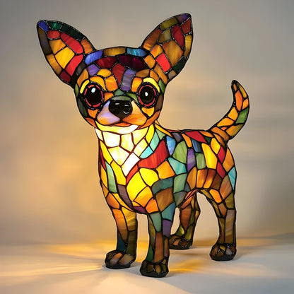 Buntglas-Tischlampe im Hunde-Design mit Mosaikmuster
