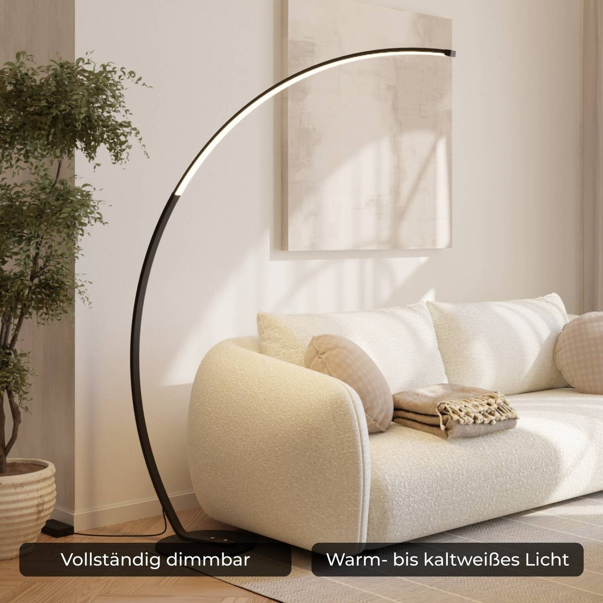 Minimalistische Bogenlampe mit Dimmfunktion und Smarthome-Steuerung