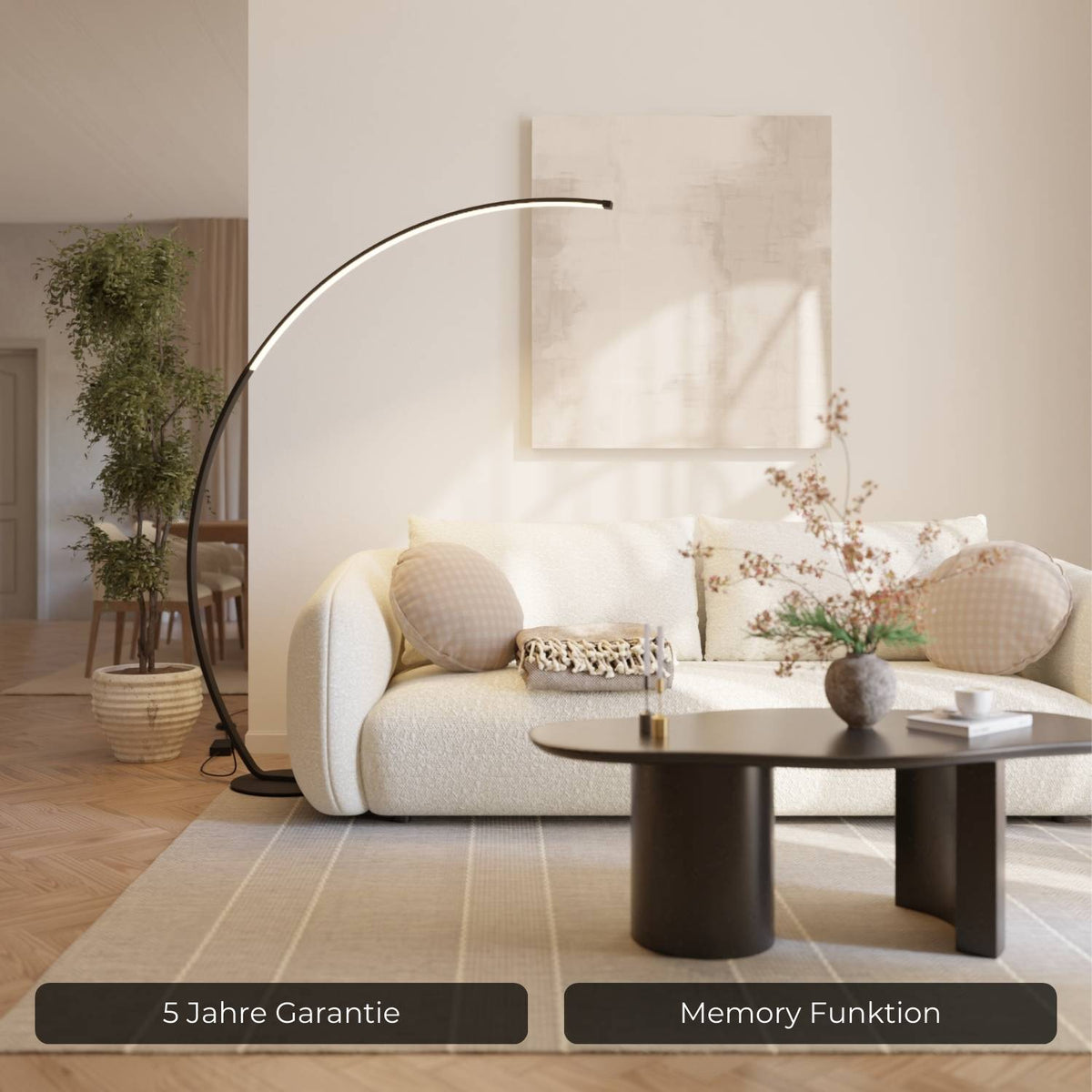 Minimalistische Bogenlampe mit Dimmfunktion und Smarthome-Steuerung