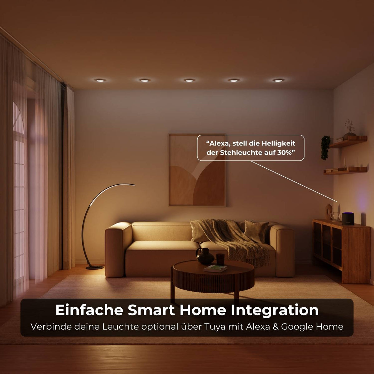 Minimalistische Bogenlampe mit Dimmfunktion und Smarthome-Steuerung