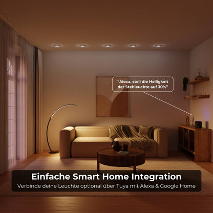 Minimalistische Bogenlampe mit Dimmfunktion und Smarthome-Steuerung