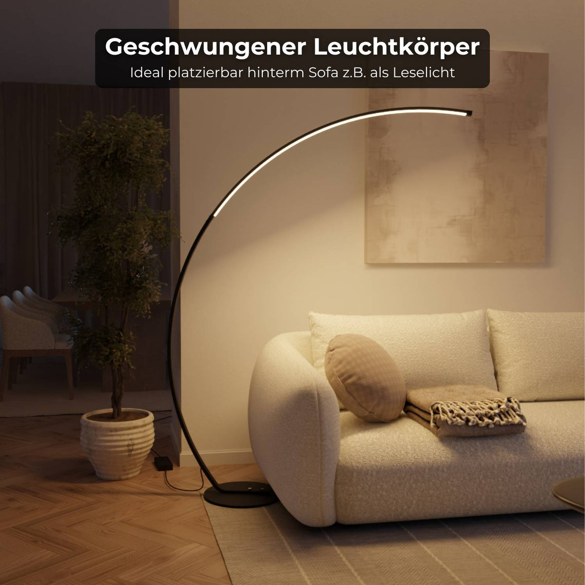 Minimalistische Bogenlampe mit Dimmfunktion und Smarthome-Steuerung