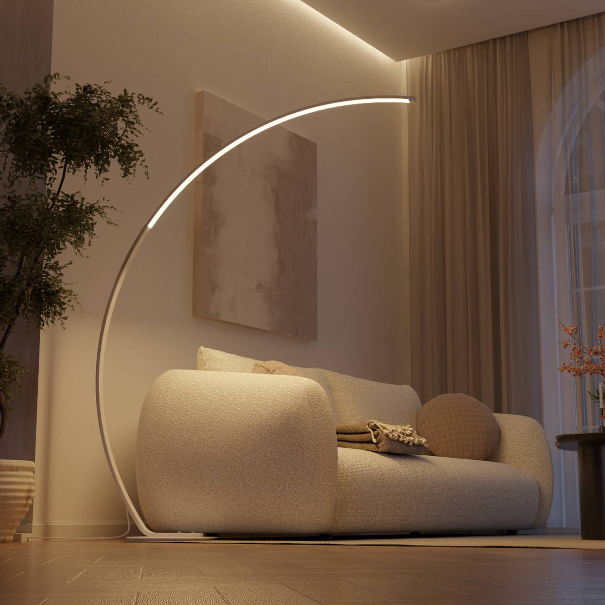 Minimalistische Bogenlampe mit Dimmfunktion und Smarthome-Steuerung