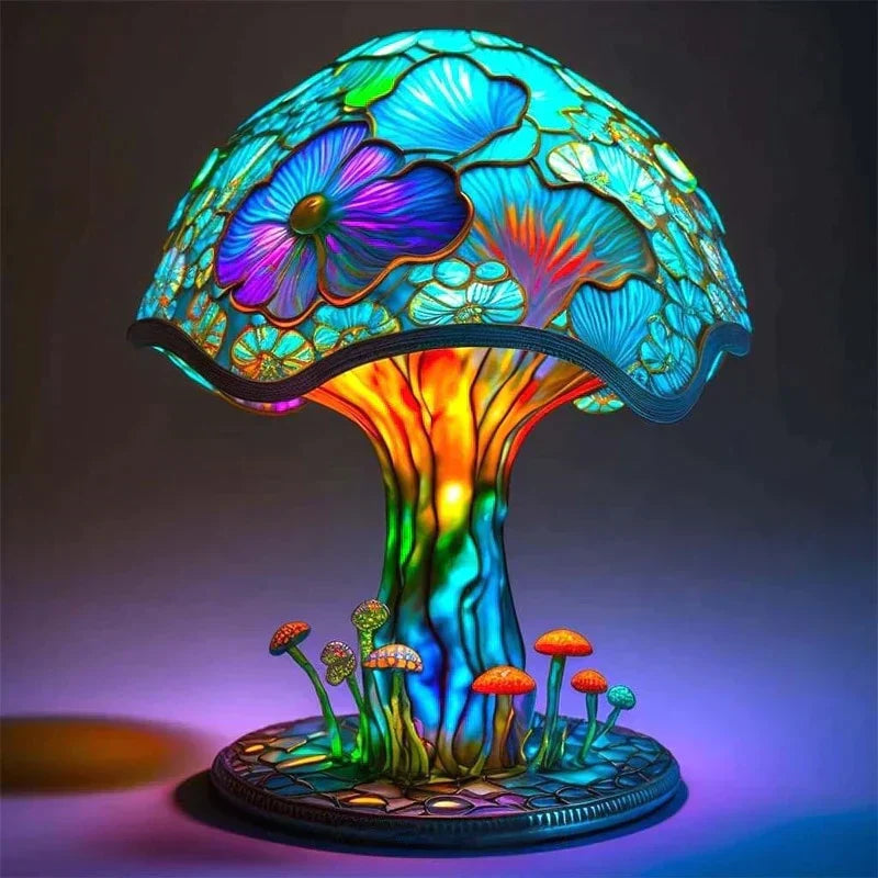 Pilz-Tischleuchte mit Buntglas-Optik
