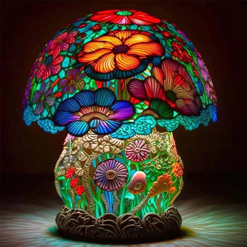 Pilz-Tischleuchte mit Buntglas-Optik