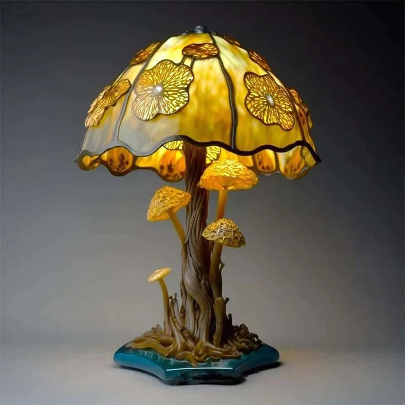 Pilz-Tischleuchte mit Buntglas-Optik
