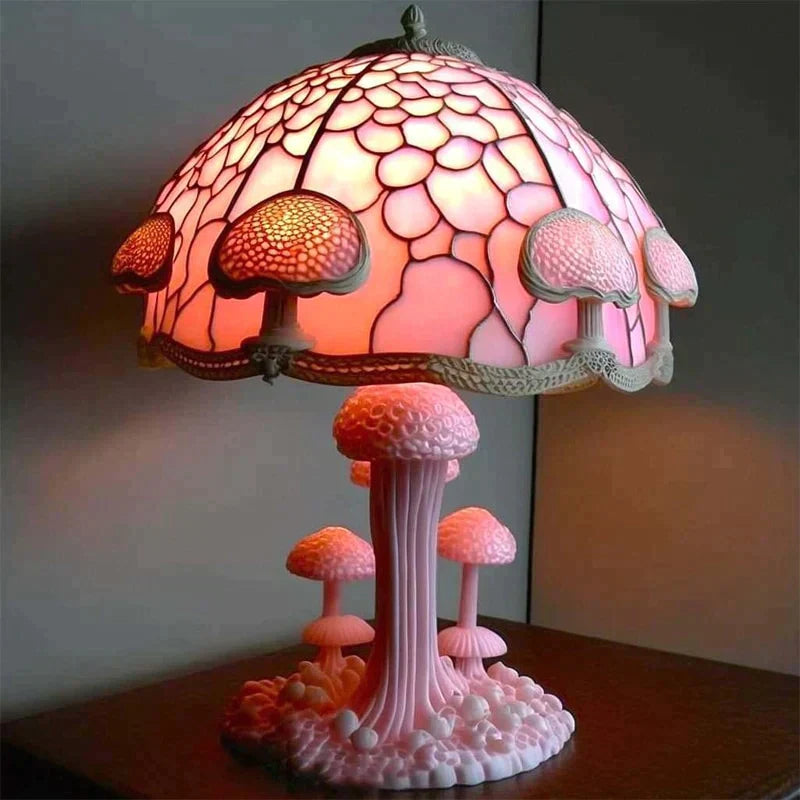 Pilz-Tischleuchte mit Buntglas-Optik
