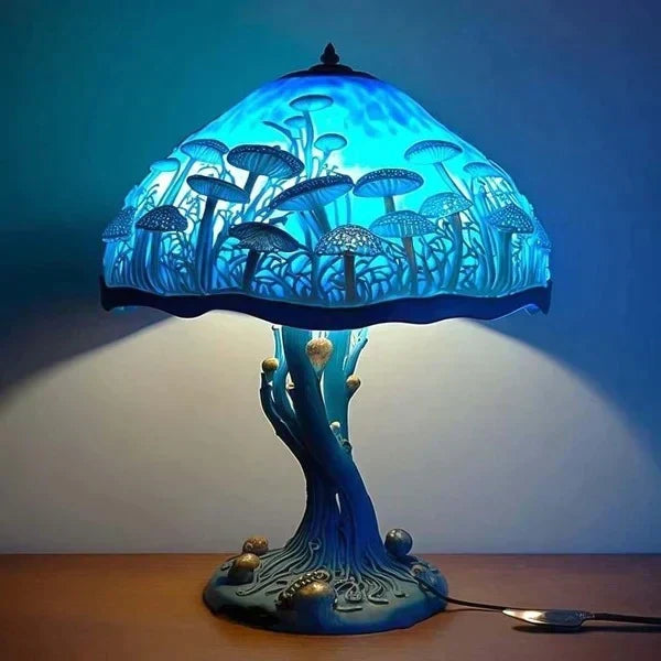 Pilz-Tischleuchte mit Buntglas-Optik
